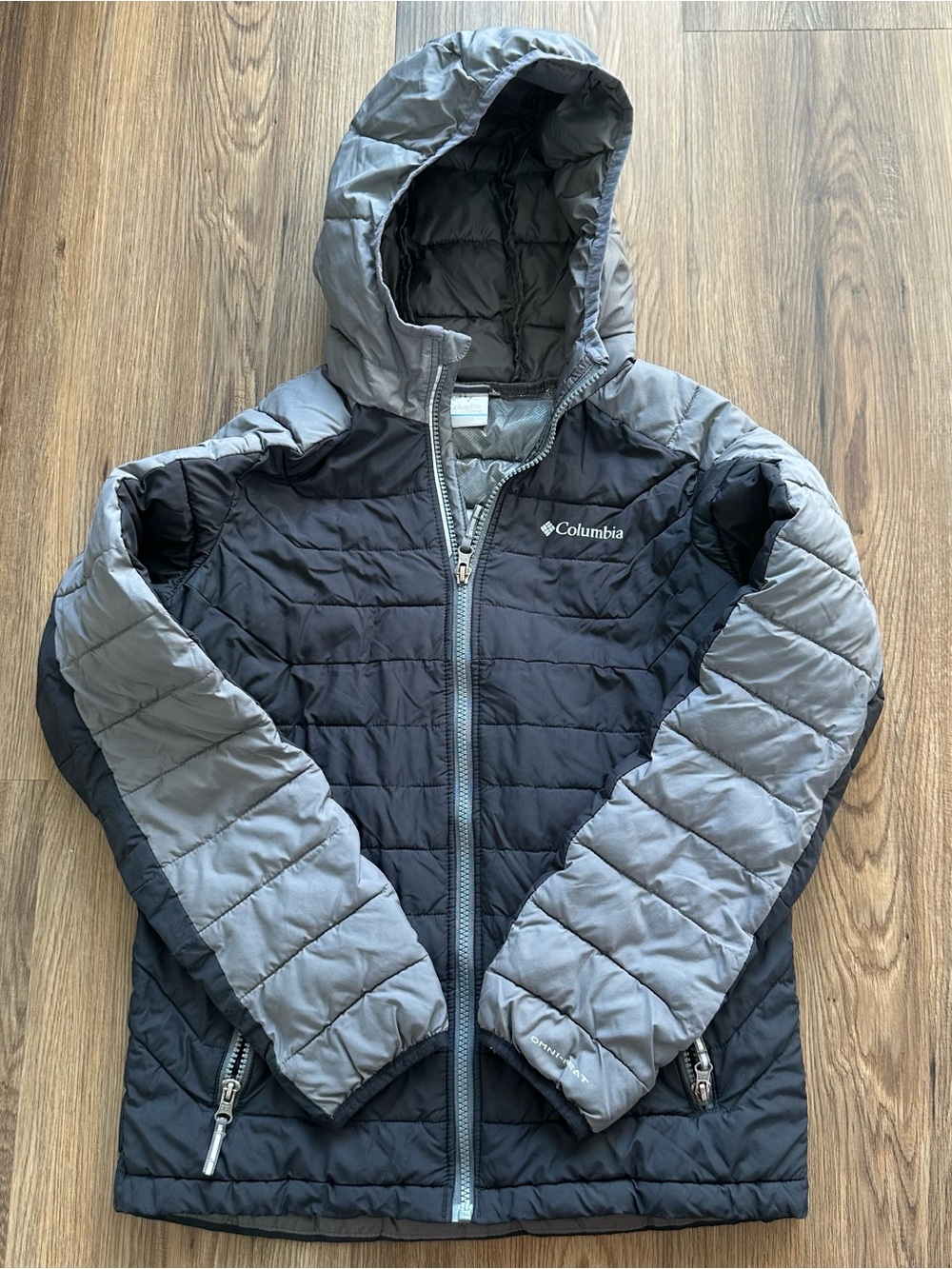 Columbia Omni Heat White Out Jacket Boys Large Hood Puffer Full Zip Water Resist